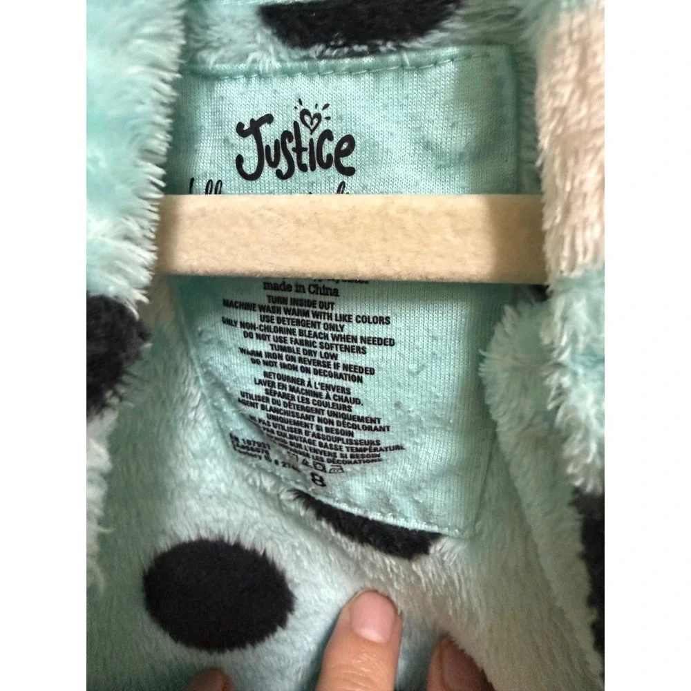 Justice Girls Blue Polka Dot Cat Hood Plush‎ Fleece One Piece Pajamas Size 8